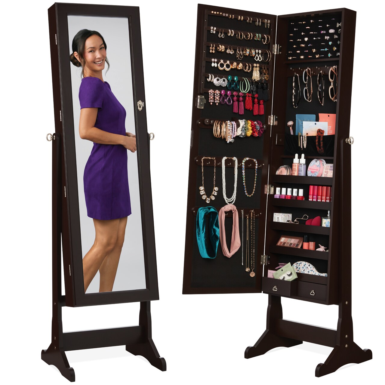 Best Choice Products Jewelry Armoire Cabinet, Full Length Mirror w/ Velvet Storage Interior, Lock